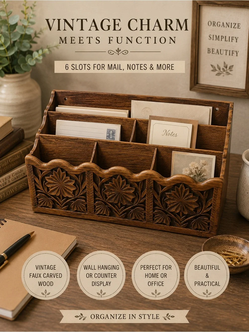 Vintage Carved Wood Mail & Desk Organizer - Brown